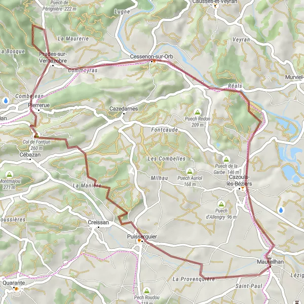 Miniature de la carte de l'inspiration cycliste "Exploration des collines de l'Orb" dans la Languedoc-Roussillon, France. Générée par le planificateur d'itinéraire cycliste Tarmacs.app
