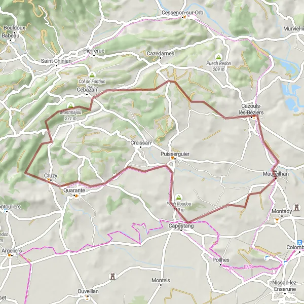 Map miniature of "Gravel route from Maureilhan" cycling inspiration in Languedoc-Roussillon, France. Generated by Tarmacs.app cycling route planner