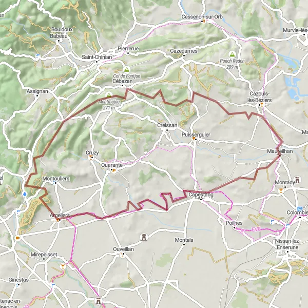 Miniature de la carte de l'inspiration cycliste "Les collines de Béziers en gravel" dans la Languedoc-Roussillon, France. Générée par le planificateur d'itinéraire cycliste Tarmacs.app