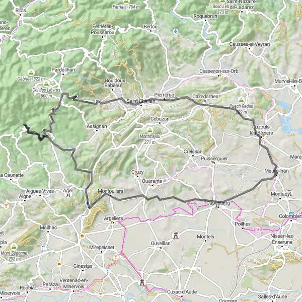 Map miniature of "Scenic Loop between Maureilhan and Pech du Thou" cycling inspiration in Languedoc-Roussillon, France. Generated by Tarmacs.app cycling route planner