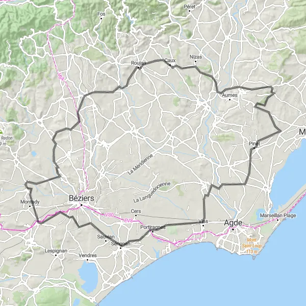 Miniature de la carte de l'inspiration cycliste "La boucle des vins de l'Hérault" dans la Languedoc-Roussillon, France. Générée par le planificateur d'itinéraire cycliste Tarmacs.app