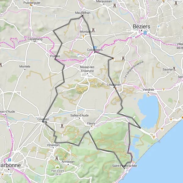 Miniature de la carte de l'inspiration cycliste "Les Collines et les Gorges" dans la Languedoc-Roussillon, France. Générée par le planificateur d'itinéraire cycliste Tarmacs.app