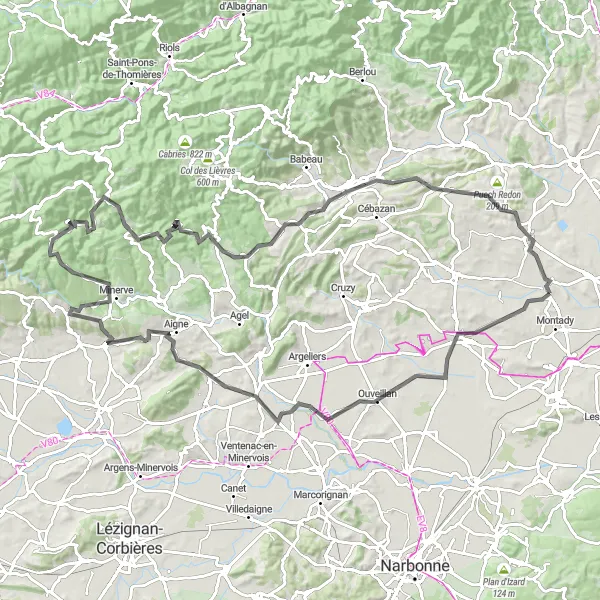 Miniature de la carte de l'inspiration cycliste "Les collines du Languedoc" dans la Languedoc-Roussillon, France. Générée par le planificateur d'itinéraire cycliste Tarmacs.app