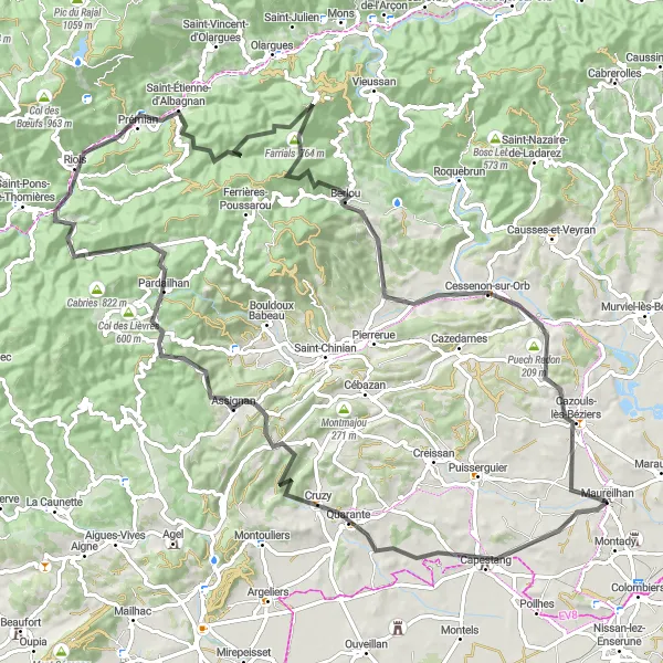 Map miniature of "Road route from Maureilhan" cycling inspiration in Languedoc-Roussillon, France. Generated by Tarmacs.app cycling route planner