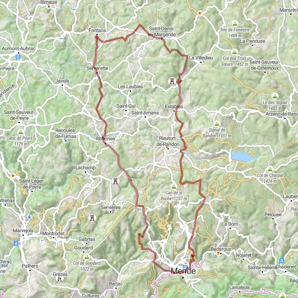 Map miniature of "Climb to the Top" cycling inspiration in Languedoc-Roussillon, France. Generated by Tarmacs.app cycling route planner