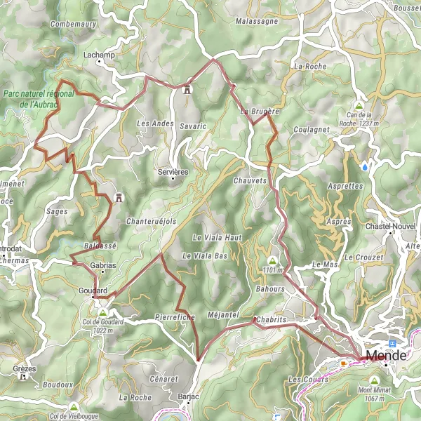 Map miniature of "Gravel Adventure to Goudard" cycling inspiration in Languedoc-Roussillon, France. Generated by Tarmacs.app cycling route planner