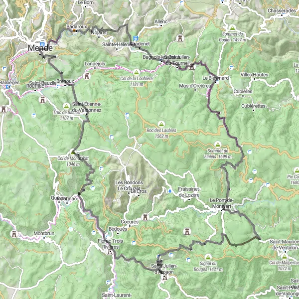 Map miniature of "Scenic Beauty of Mende" cycling inspiration in Languedoc-Roussillon, France. Generated by Tarmacs.app cycling route planner