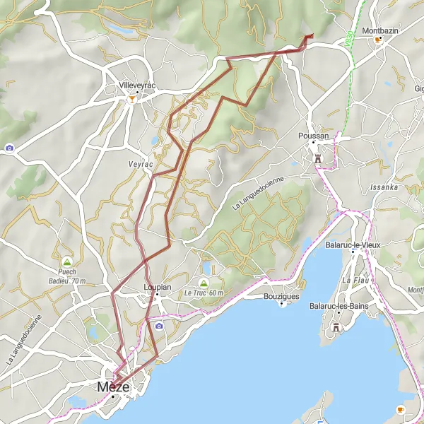 Map miniature of "Mèze - Short Gravel Ride to Château de Girard" cycling inspiration in Languedoc-Roussillon, France. Generated by Tarmacs.app cycling route planner
