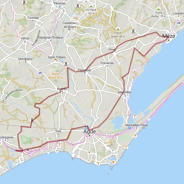 Map miniature of "Gravel Route through Languedoc-Roussillon" cycling inspiration in Languedoc-Roussillon, France. Generated by Tarmacs.app cycling route planner