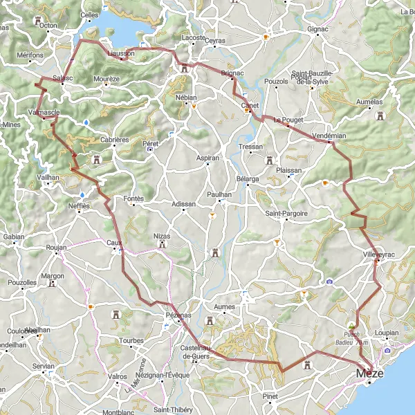 Map miniature of "Challenging Gravel Route through Languedoc-Roussillon" cycling inspiration in Languedoc-Roussillon, France. Generated by Tarmacs.app cycling route planner