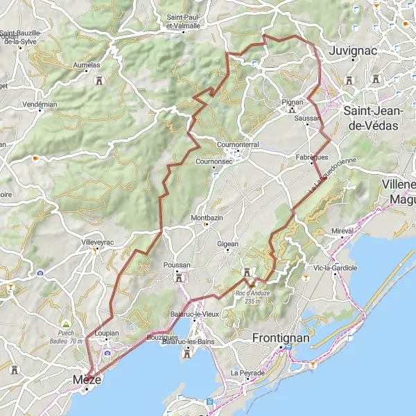 Miniature de la carte de l'inspiration cycliste "Aventure en Gravel autour de Mèze" dans la Languedoc-Roussillon, France. Générée par le planificateur d'itinéraire cycliste Tarmacs.app