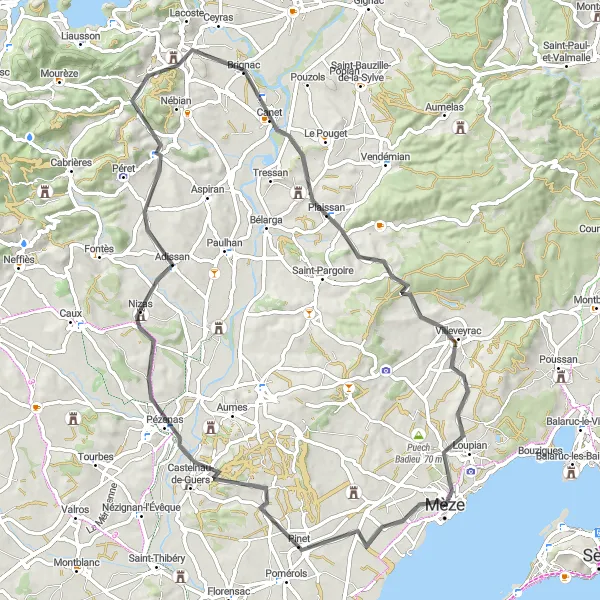 Miniature de la carte de l'inspiration cycliste "Parcours Cycliste à Travers les Villages du Languedoc" dans la Languedoc-Roussillon, France. Générée par le planificateur d'itinéraire cycliste Tarmacs.app