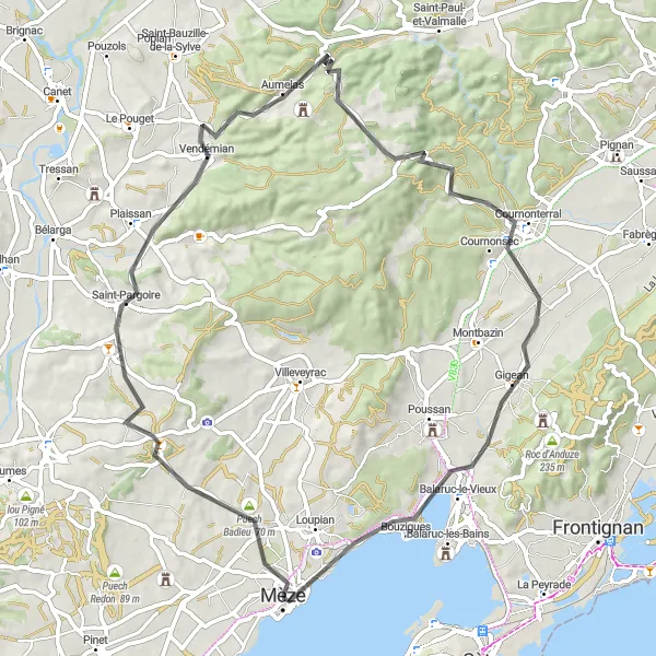 Map miniature of "Breathtaking Road Cycling Route in Languedoc-Roussillon" cycling inspiration in Languedoc-Roussillon, France. Generated by Tarmacs.app cycling route planner