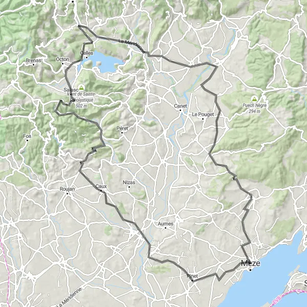 Map miniature of "Mèze - Circuit via Pioch Garès and Table d'orientation" cycling inspiration in Languedoc-Roussillon, France. Generated by Tarmacs.app cycling route planner