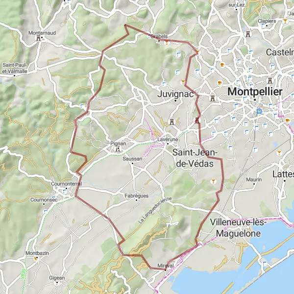 Map miniature of "Mireval Gravel Route" cycling inspiration in Languedoc-Roussillon, France. Generated by Tarmacs.app cycling route planner
