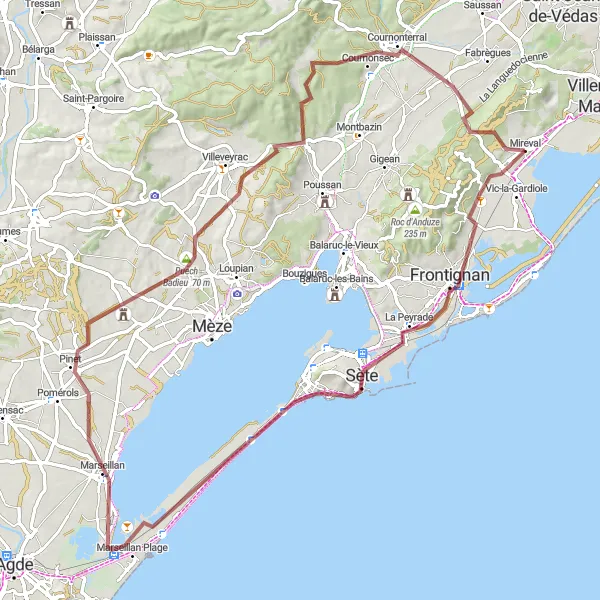 Map miniature of "Mireval Gravel Adventure" cycling inspiration in Languedoc-Roussillon, France. Generated by Tarmacs.app cycling route planner