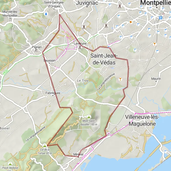 Map miniature of "Mireval Gravel Exploration" cycling inspiration in Languedoc-Roussillon, France. Generated by Tarmacs.app cycling route planner