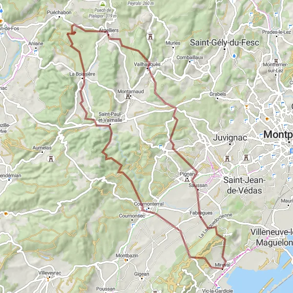 Miniature de la carte de l'inspiration cycliste "Les Collines Sauvages" dans la Languedoc-Roussillon, France. Générée par le planificateur d'itinéraire cycliste Tarmacs.app