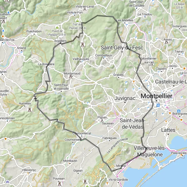 Miniature de la carte de l'inspiration cycliste "Les Collines de l'Arrière-Pays Montpelliérain" dans la Languedoc-Roussillon, France. Générée par le planificateur d'itinéraire cycliste Tarmacs.app