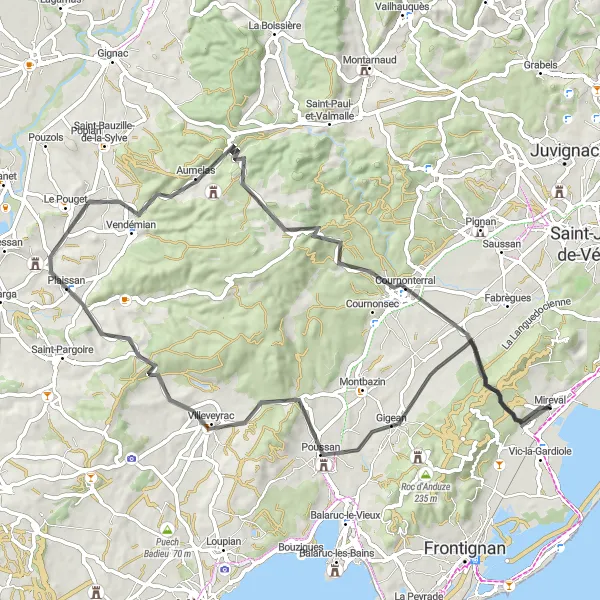 Map miniature of "Mireval Road Route" cycling inspiration in Languedoc-Roussillon, France. Generated by Tarmacs.app cycling route planner