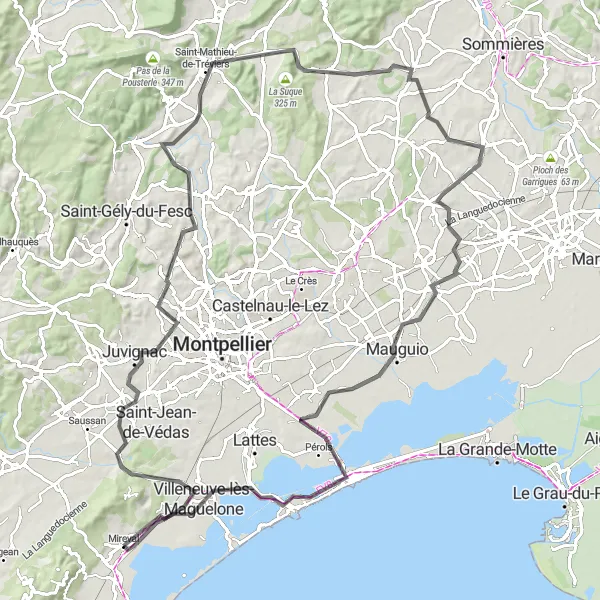 Map miniature of "Mireval Loop via Lavérune and Pérols" cycling inspiration in Languedoc-Roussillon, France. Generated by Tarmacs.app cycling route planner