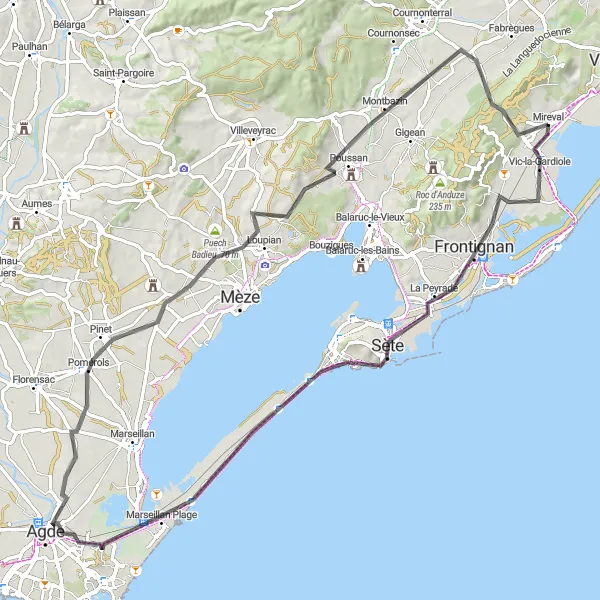 Miniature de la carte de l'inspiration cycliste "La Route du Littoral" dans la Languedoc-Roussillon, France. Générée par le planificateur d'itinéraire cycliste Tarmacs.app