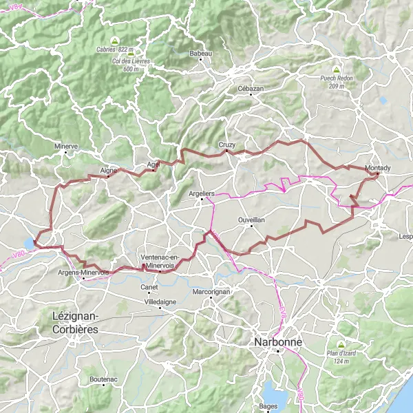 Miniature de la carte de l'inspiration cycliste "Tour en Gravel autour de Montady" dans la Languedoc-Roussillon, France. Générée par le planificateur d'itinéraire cycliste Tarmacs.app