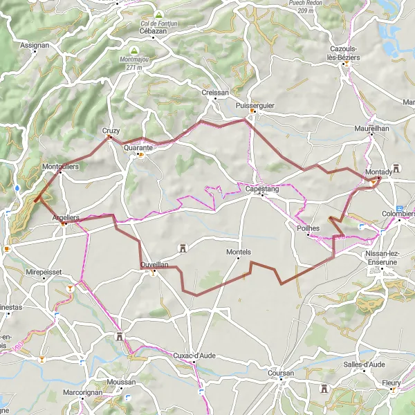 Miniature de la carte de l'inspiration cycliste "Les Collines de l'Oppidum" dans la Languedoc-Roussillon, France. Générée par le planificateur d'itinéraire cycliste Tarmacs.app