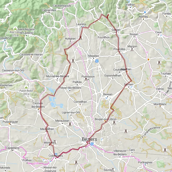 Map miniature of "Gravel Cycling Route from Montady to Belvédère de la Pente d'Eau" cycling inspiration in Languedoc-Roussillon, France. Generated by Tarmacs.app cycling route planner