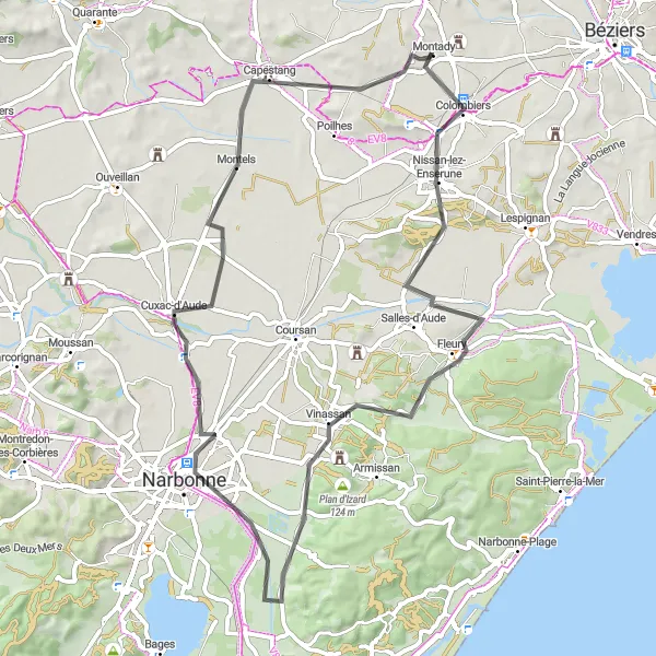 Miniature de la carte de l'inspiration cycliste "Exploration de la campagne du Languedoc" dans la Languedoc-Roussillon, France. Générée par le planificateur d'itinéraire cycliste Tarmacs.app