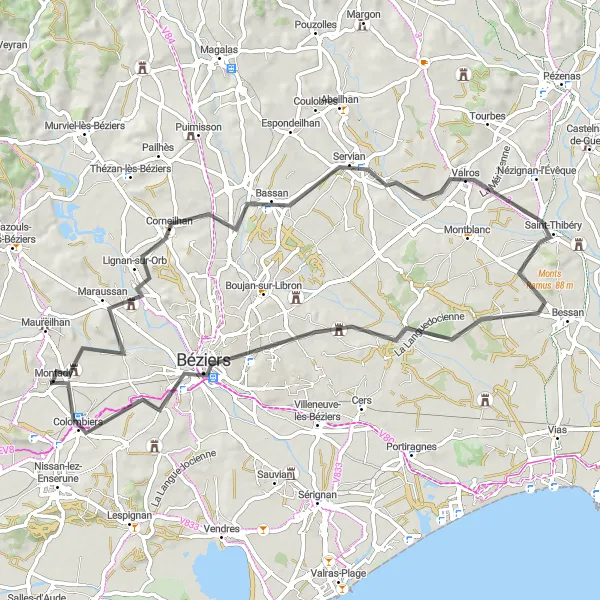 Map miniature of "Scenic Cycling Route from Montady to Béziers" cycling inspiration in Languedoc-Roussillon, France. Generated by Tarmacs.app cycling route planner