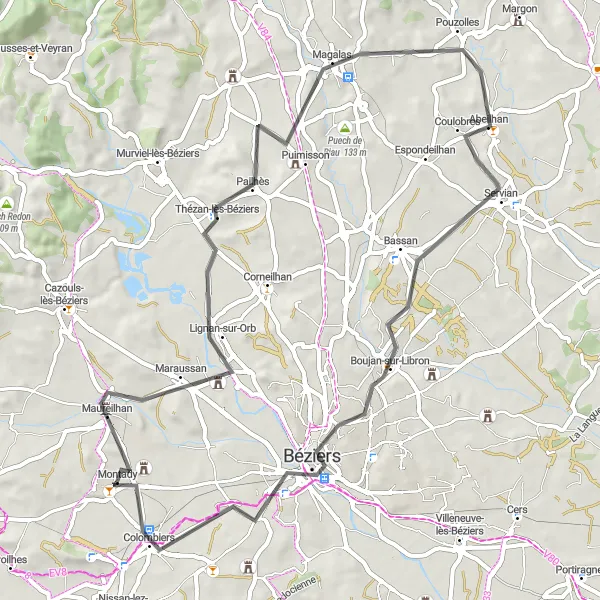 Miniature de la carte de l'inspiration cycliste "Aventures au cœur du Languedoc" dans la Languedoc-Roussillon, France. Générée par le planificateur d'itinéraire cycliste Tarmacs.app