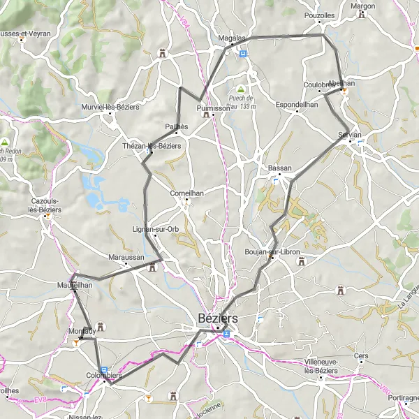 Map miniature of "Scenic Cycling Route from Montady to Colombiers" cycling inspiration in Languedoc-Roussillon, France. Generated by Tarmacs.app cycling route planner