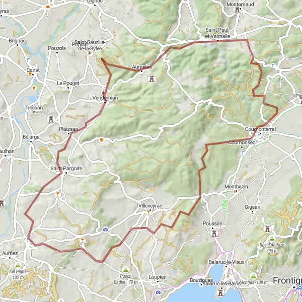Miniature de la carte de l'inspiration cycliste "Les chemins de terre et les collines du Languedoc" dans la Languedoc-Roussillon, France. Générée par le planificateur d'itinéraire cycliste Tarmacs.app