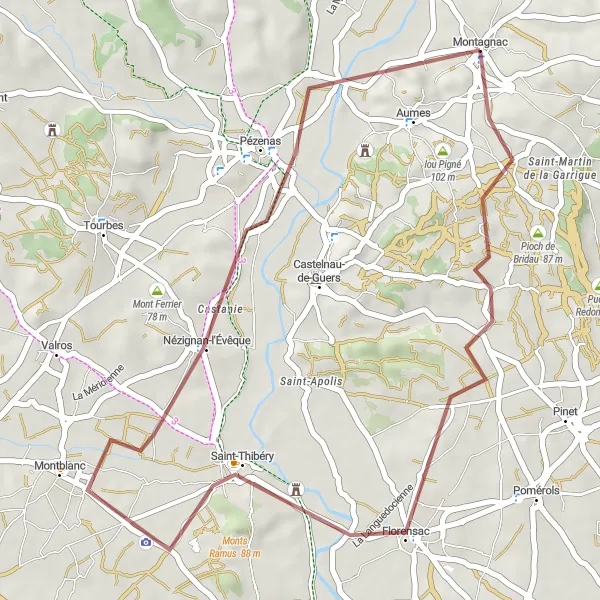 Miniature de la carte de l'inspiration cycliste "Gravel autour de Montagnac" dans la Languedoc-Roussillon, France. Générée par le planificateur d'itinéraire cycliste Tarmacs.app