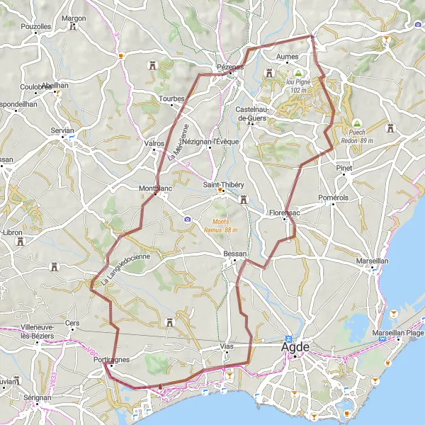 Map miniature of "Scenic Gravel Loop near Montagnac" cycling inspiration in Languedoc-Roussillon, France. Generated by Tarmacs.app cycling route planner