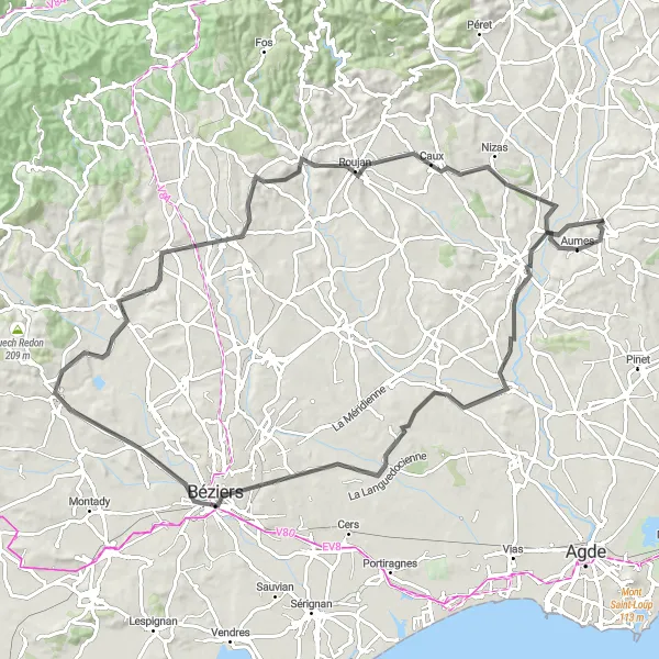 Map miniature of "Montagnac Road Route" cycling inspiration in Languedoc-Roussillon, France. Generated by Tarmacs.app cycling route planner