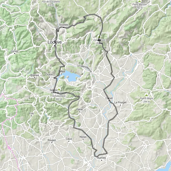 Map miniature of "The Road to Lodève" cycling inspiration in Languedoc-Roussillon, France. Generated by Tarmacs.app cycling route planner