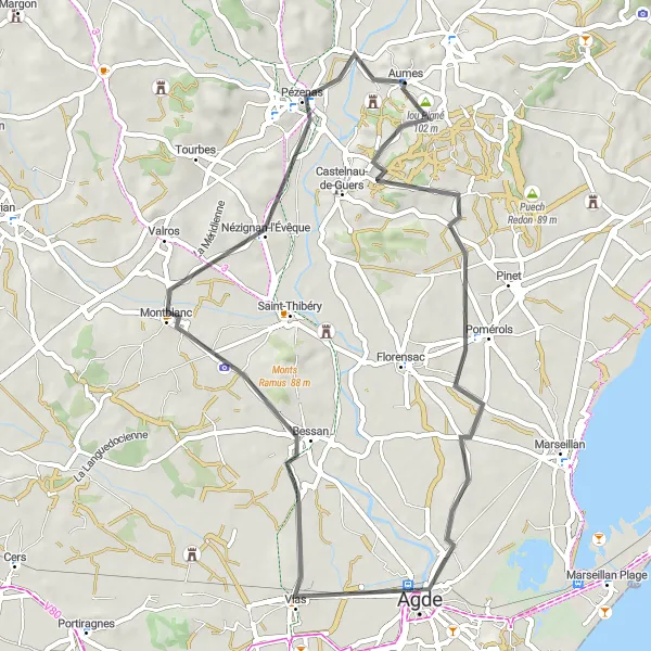 Miniature de la carte de l'inspiration cycliste "Montagnac - Aumes - lou Pigné - Pomérols - Agde - Bessan - Pézenas - Montagnac" dans la Languedoc-Roussillon, France. Générée par le planificateur d'itinéraire cycliste Tarmacs.app