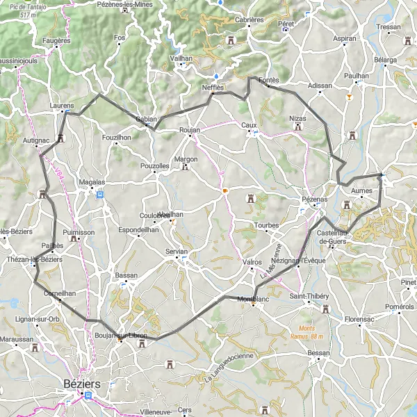 Miniature de la carte de l'inspiration cycliste "Les vignobles et les collines de Béziers" dans la Languedoc-Roussillon, France. Générée par le planificateur d'itinéraire cycliste Tarmacs.app