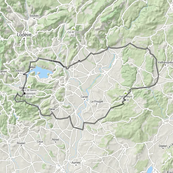 Miniature de la carte de l'inspiration cycliste "Le Tour de Pic de Vissounel" dans la Languedoc-Roussillon, France. Générée par le planificateur d'itinéraire cycliste Tarmacs.app