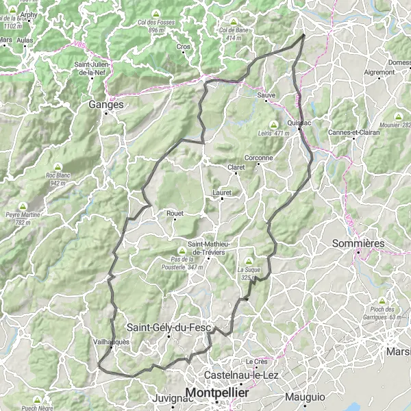 Miniature de la carte de l'inspiration cycliste "Le Grand Tour méridional" dans la Languedoc-Roussillon, France. Générée par le planificateur d'itinéraire cycliste Tarmacs.app