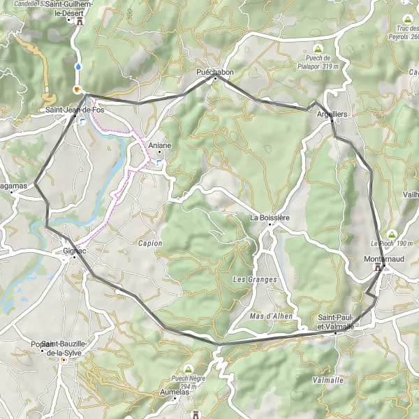 Miniature de la carte de l'inspiration cycliste "Escapade à Saint-Paul-et-Valmalle" dans la Languedoc-Roussillon, France. Générée par le planificateur d'itinéraire cycliste Tarmacs.app