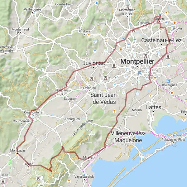 Map miniature of "Montbazin Gravel Loop" cycling inspiration in Languedoc-Roussillon, France. Generated by Tarmacs.app cycling route planner