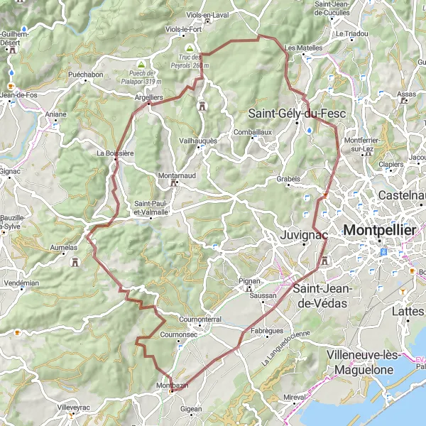 Map miniature of "Discovering Argelliers by Gravel Bike" cycling inspiration in Languedoc-Roussillon, France. Generated by Tarmacs.app cycling route planner