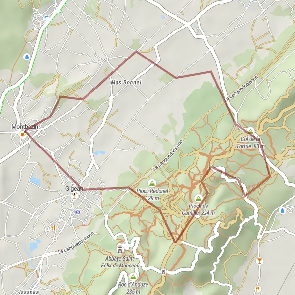 Map miniature of "Scenic Gravel Ride to Gigean" cycling inspiration in Languedoc-Roussillon, France. Generated by Tarmacs.app cycling route planner