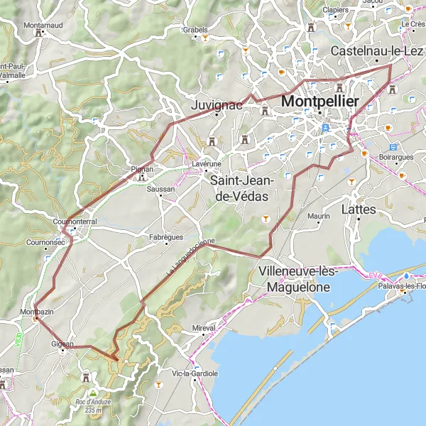 Miniature de la carte de l'inspiration cycliste "Tour du Pignan" dans la Languedoc-Roussillon, France. Générée par le planificateur d'itinéraire cycliste Tarmacs.app