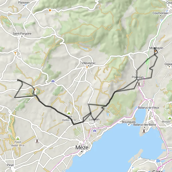 Map miniature of "Montbazin to Poussan Loop" cycling inspiration in Languedoc-Roussillon, France. Generated by Tarmacs.app cycling route planner