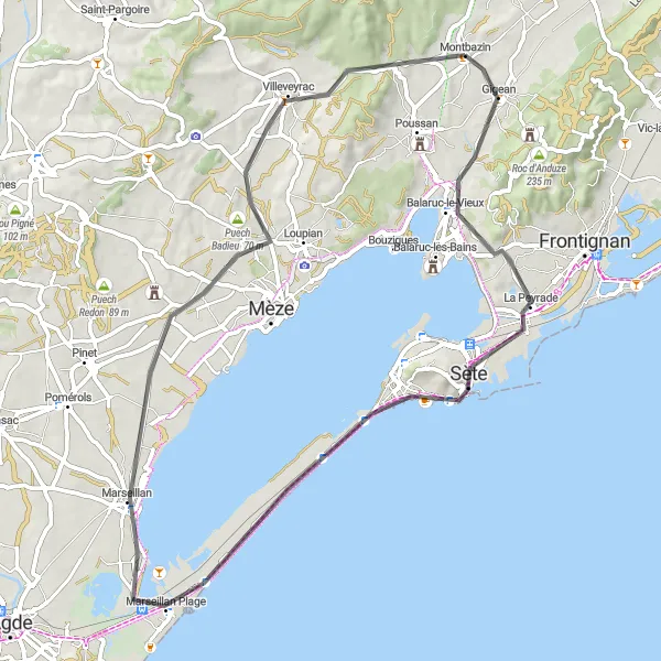 Map miniature of "Montbazin to Villeveyrac via Sète" cycling inspiration in Languedoc-Roussillon, France. Generated by Tarmacs.app cycling route planner