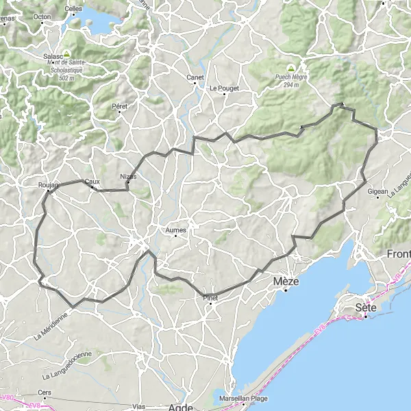 Map miniature of "Montbazin to Cournonsec via Castelnau-de-Guers" cycling inspiration in Languedoc-Roussillon, France. Generated by Tarmacs.app cycling route planner